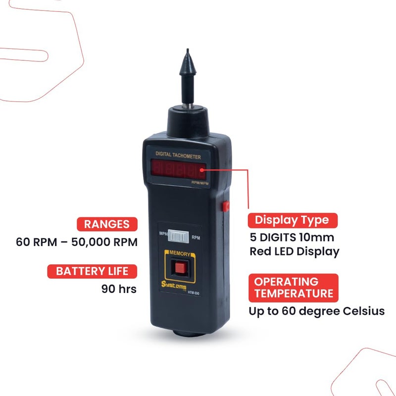 Systems Tech HTM-590 Contact Type Digital Tachometer: LED Red Display, Ideal for Industrial Applications, Accurate and Easy-to-Use RPM, Memory Recall, Best Battery Life, Low Battery Indicator, 1-sec Sampling Rate - Image 3